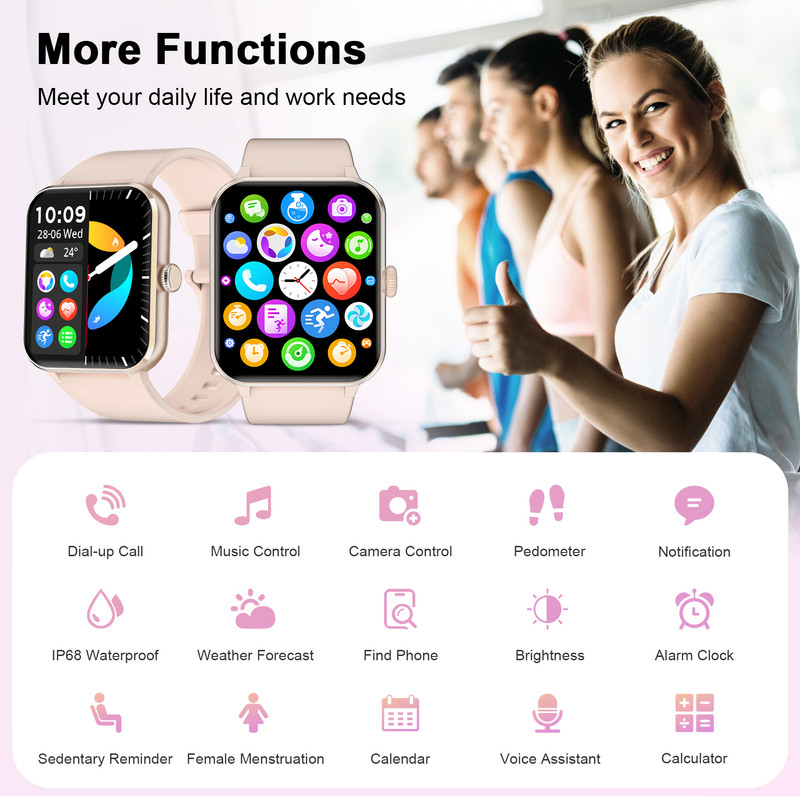 Women Smart watch with Answer/Make Calls/120+ Sport Modes/IP68 Waterproof, Fitness Tracker Fits for iPhone and Android Devices (Pink) for Gift