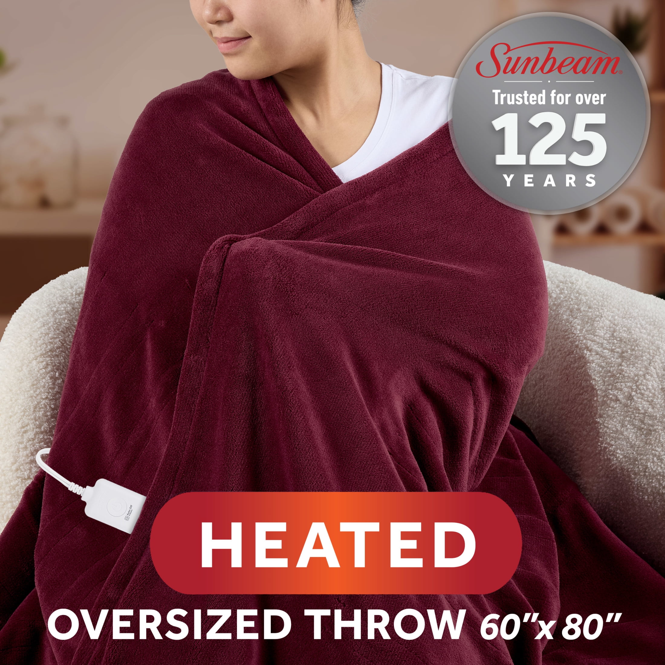 Sunbeam Electric Heated Throw Blanket Merlot Super Soft Microplush