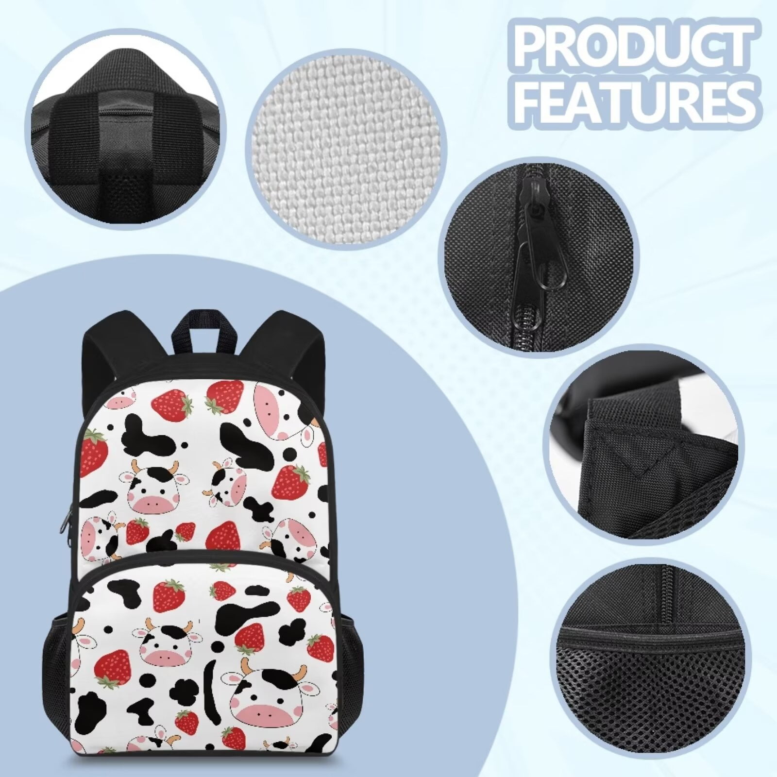 FOR U DESIGNS Portable Backpacks for High School Girsl Casual Bookbag with 2 Sides Pockets, Cow Print Strawberry School Bags Work Office Laptop Bag Leisure Daypack Storage Purse
