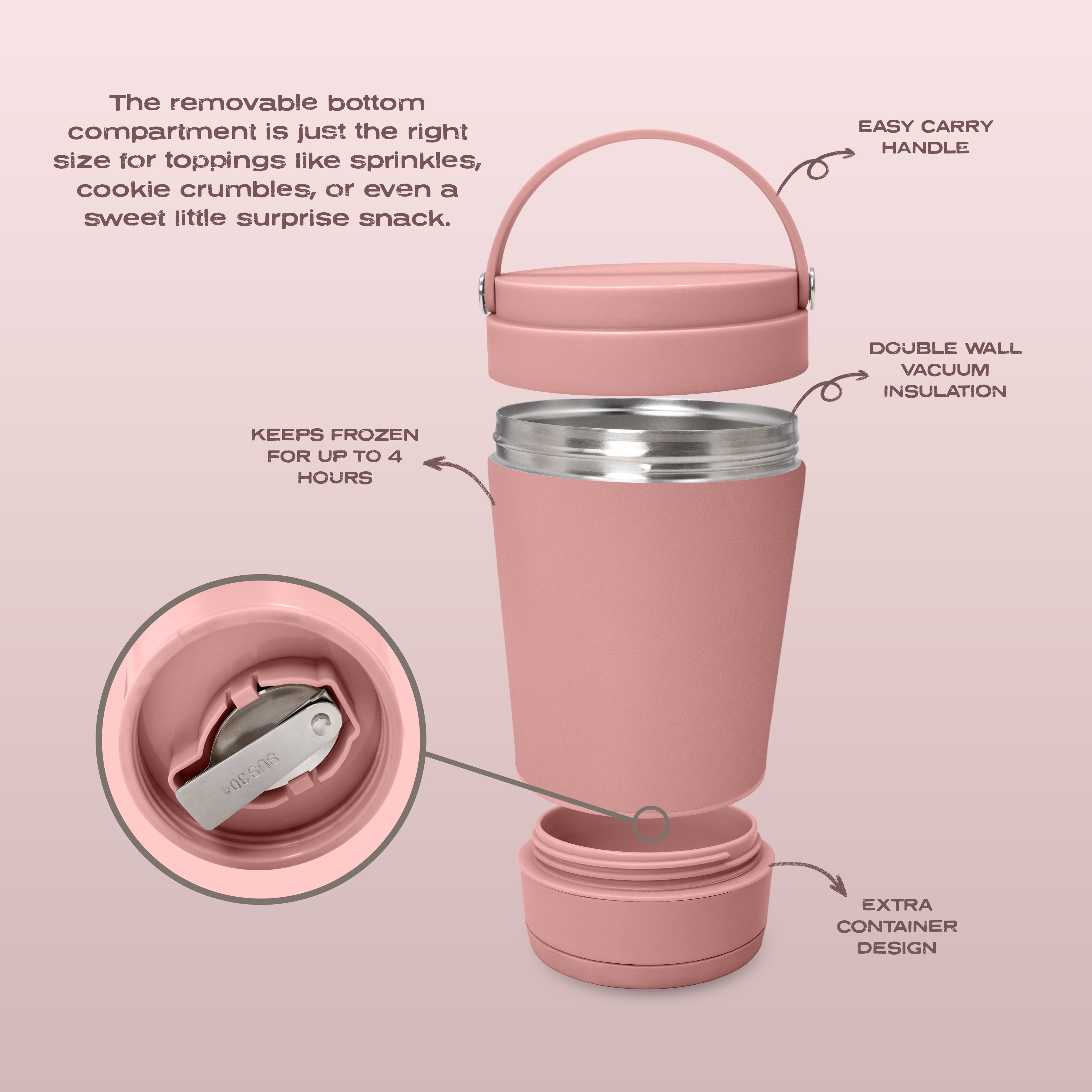 Cook with Color Insulated Ice Cream or Soup Container with Toppings Compartment and Spoon, Pink