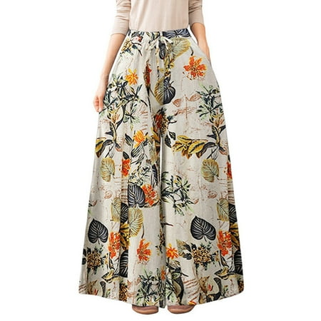 Pants for Women Literary Loose High Waist Straight Leg Draw Rope Lace-Up Casual Cotton Wide Leg Trousers