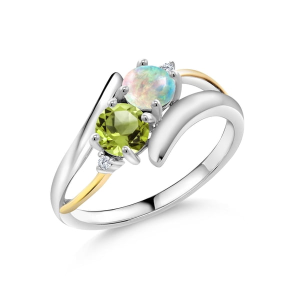Gem Stone King 925 Sterling Silver and 10K Yellow Gold Round Cabochon White Simulated Opal Green Peridot and Lab Grown Diamond Two Stone Crossover Ring for Women (1.07 Cttw, Size 8)