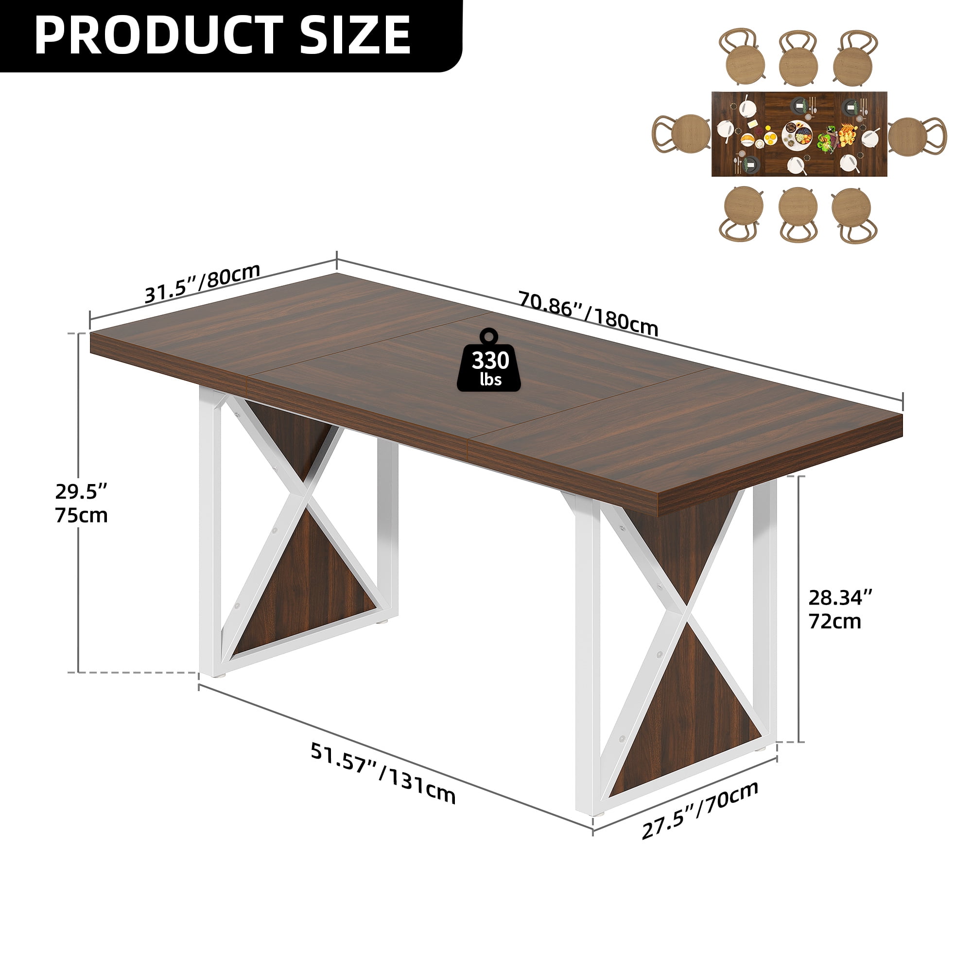 Dextrus 70" Dining Table for 6-8 People, Large Rectangular Wood Kitchen Table Farmhouse Dinner Table with Metal Legs for Dining Room, Kitchen, Brown & White