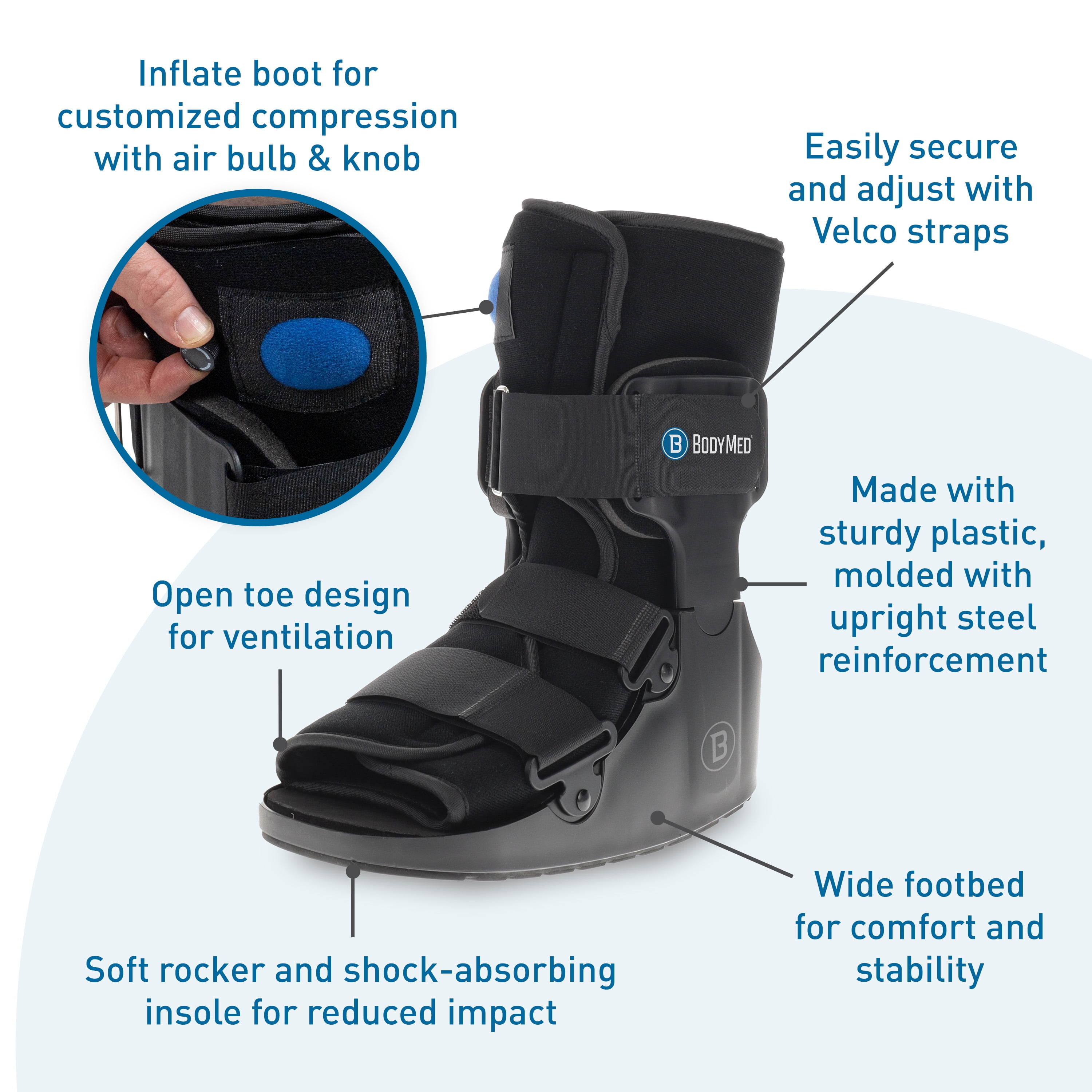 BodyMed Air CAM Walking Fracture Boot, Large, 12.5" Tall - Adjustable and Shock-Absorbing Support for Foot and Ankle Recovery - Fits Left & Right Foot