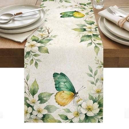 Vintage Flowers Butterfly Cotton Linen Table Runner Watercolor Farmhouse Summer Dining Table Runners for Home Decor Party Dining Room Restaurant Kitchen Party 13 x 60