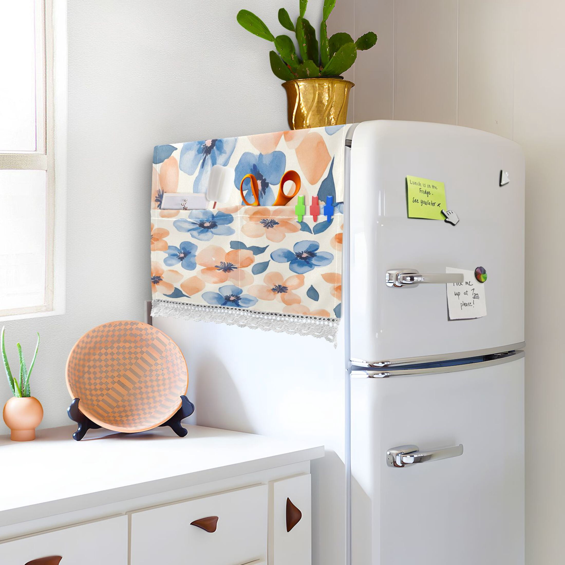 WOBOGO Pastel Peach and Blue Flowers Washing Machine Cloth Dryer Refrigerator Top Cover Protective Non-Slip Mat For Kitchen Laundry