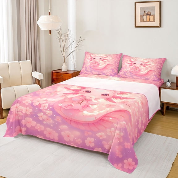 Feelyou Magic Pink Axolotl Twin Sheet Sets, Cherry Blossoms Flower Bedding, 3-Piece