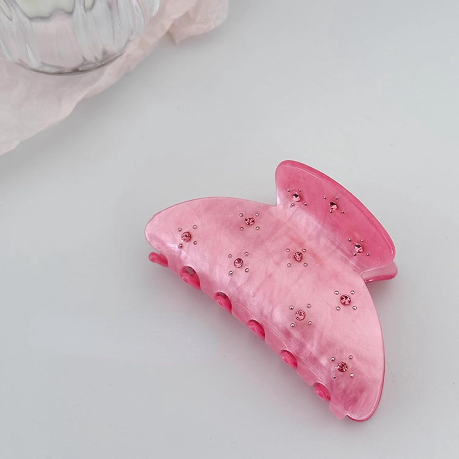 Sparkling Gem Starry Medium Hair Claw Bright Pink Bow Hair Clip Non Slip Jaw Clamp Elegant Half Up Hair Accessory for Women 2 Pcs