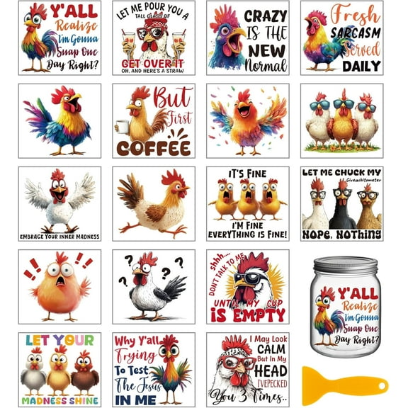 18 Sheets 3.9x3.6inch Funny Chicken Rub on Transfer Colorful Rooster Vase Home Decals Animal Cup Transfer Stickers for Furniture Vase Glass Art Crafts Decorations colorful
