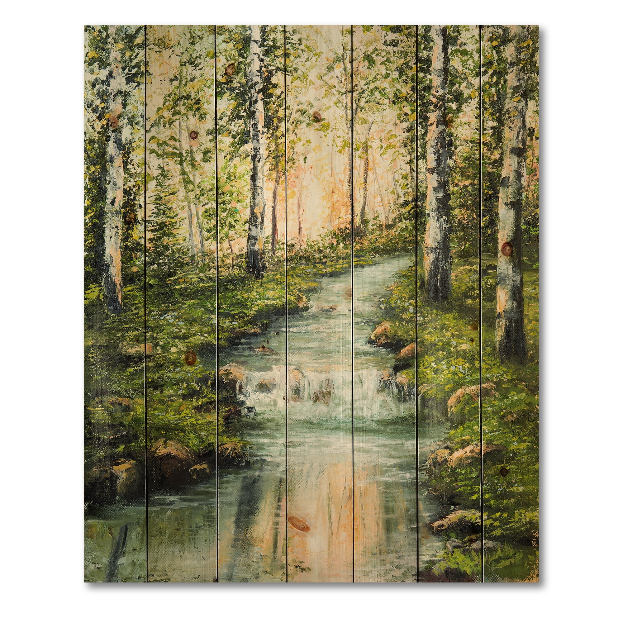 Designart 'River Through Green Birch Forest' Lake House Print on Natural Pine Wood