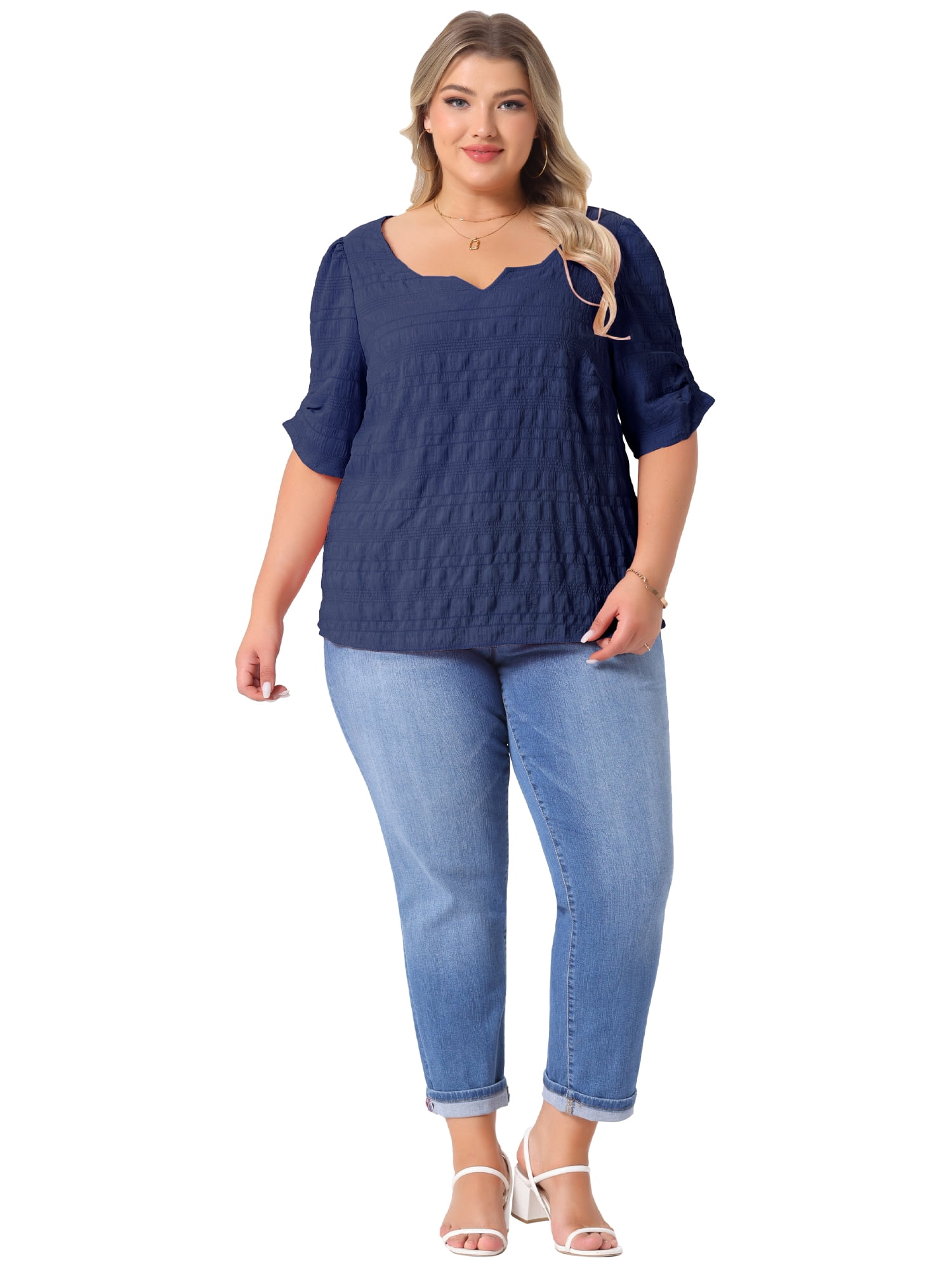 DARING DIVA Women's Plus Textured Notched V Neck Blouse 3X Dark Blue
