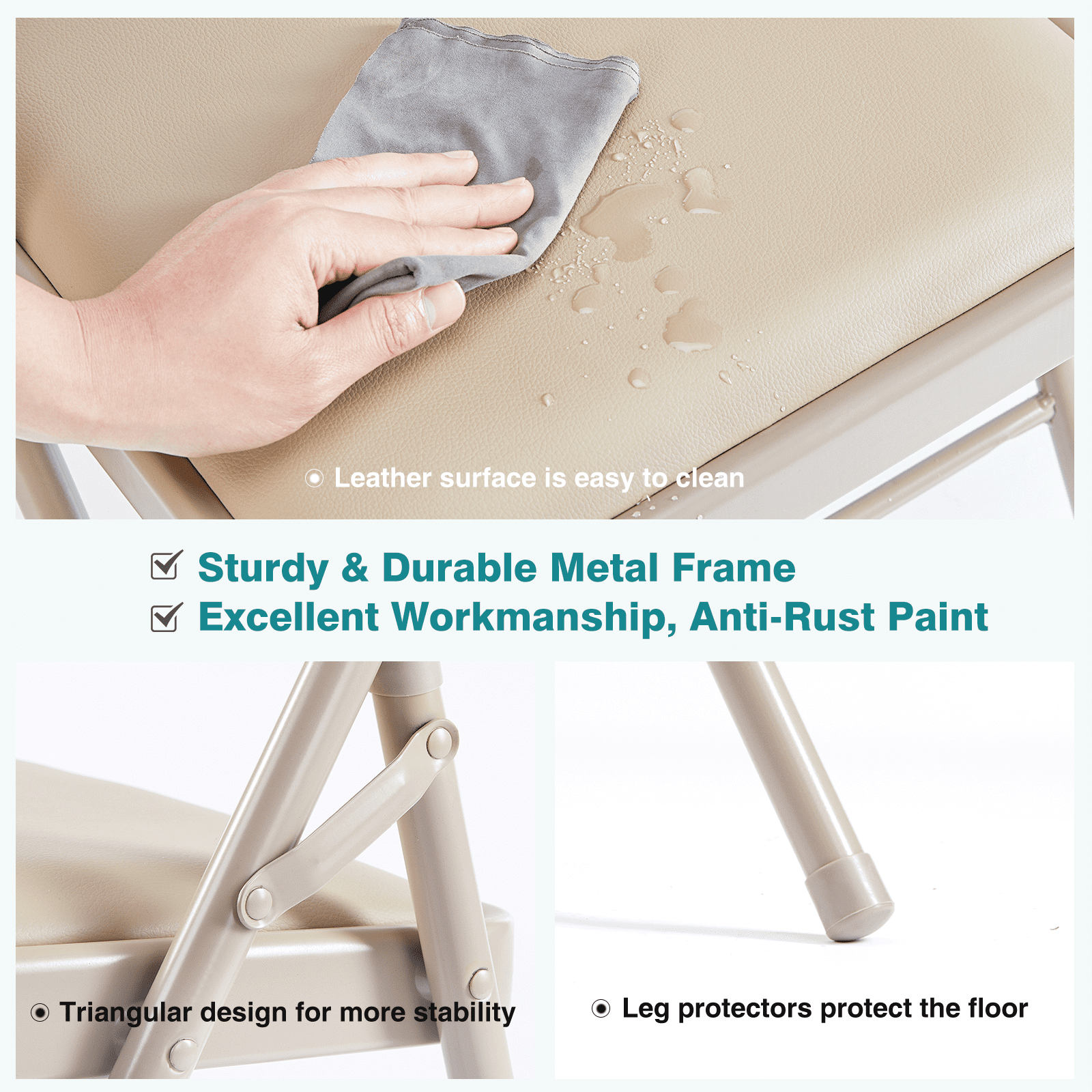 MAYEERTY 4 Pack Folding Chair with Sturdy Metal Frame, Leather Padded Folding Chairs, Water-Resistant, Khaki