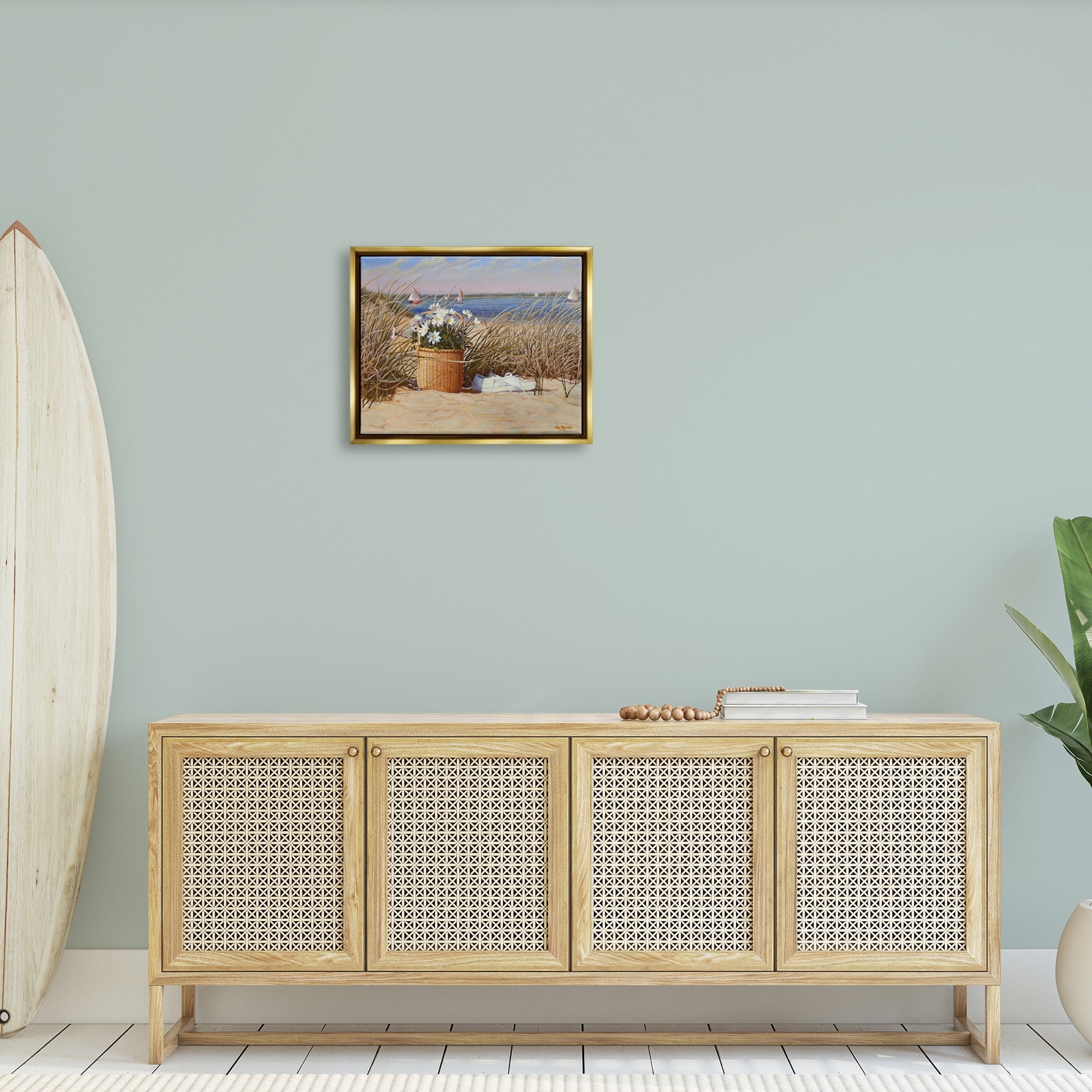 Stupell Industries Coastal Flower Blossom Basket Windblown Beach Grass Painting Metallic Gold Floating Framed Canvas Print Wall Art, Design by Tom Mielko