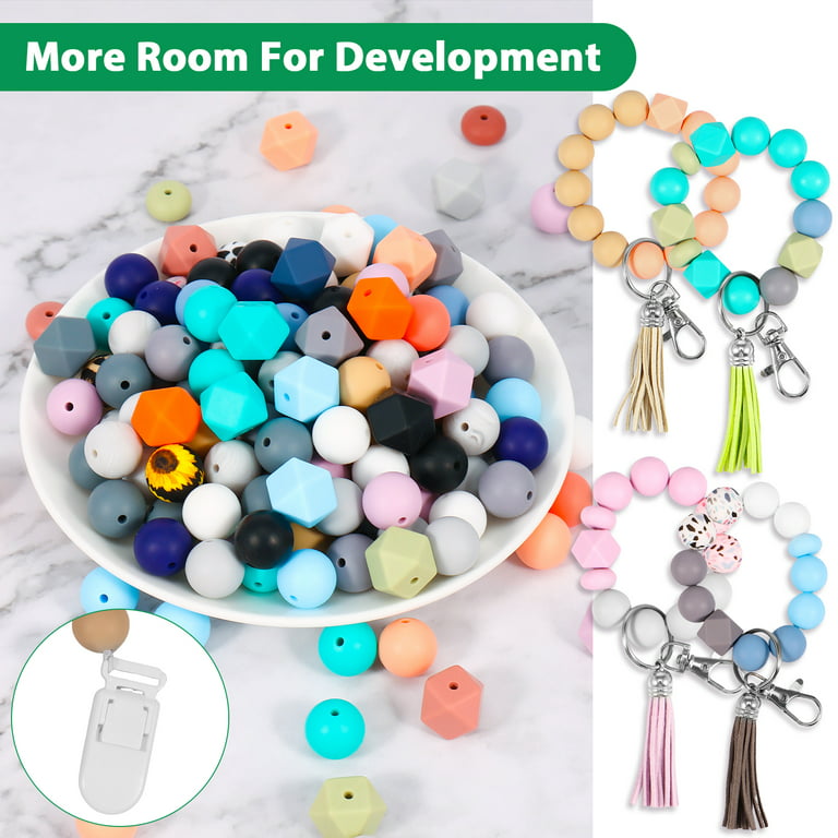 Urvrriu 235pcs Silicone Beads Bulk Kit Multiple Styles and Shapes 14mm Flat Beads Fashion 15mm Round Beads Colorful 14mm Octagonal Beads 2.5cm Key