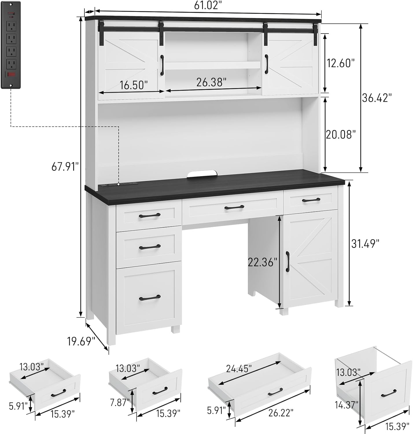 Vabches 61" W Executive Desk with Hutch, Farmhouse Office Computer Desk with 5 Drawers and Charging Station & File Cabinet, Wood Writing Study Table