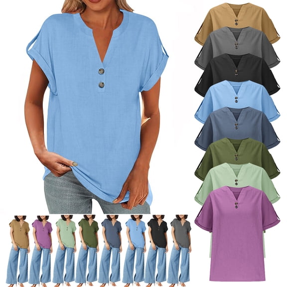 YHAJDS Womens T Shirt Fashion Solid Color Button V Neck Loose T Shirt Casual Spring Summer Shirts Womens Tops
