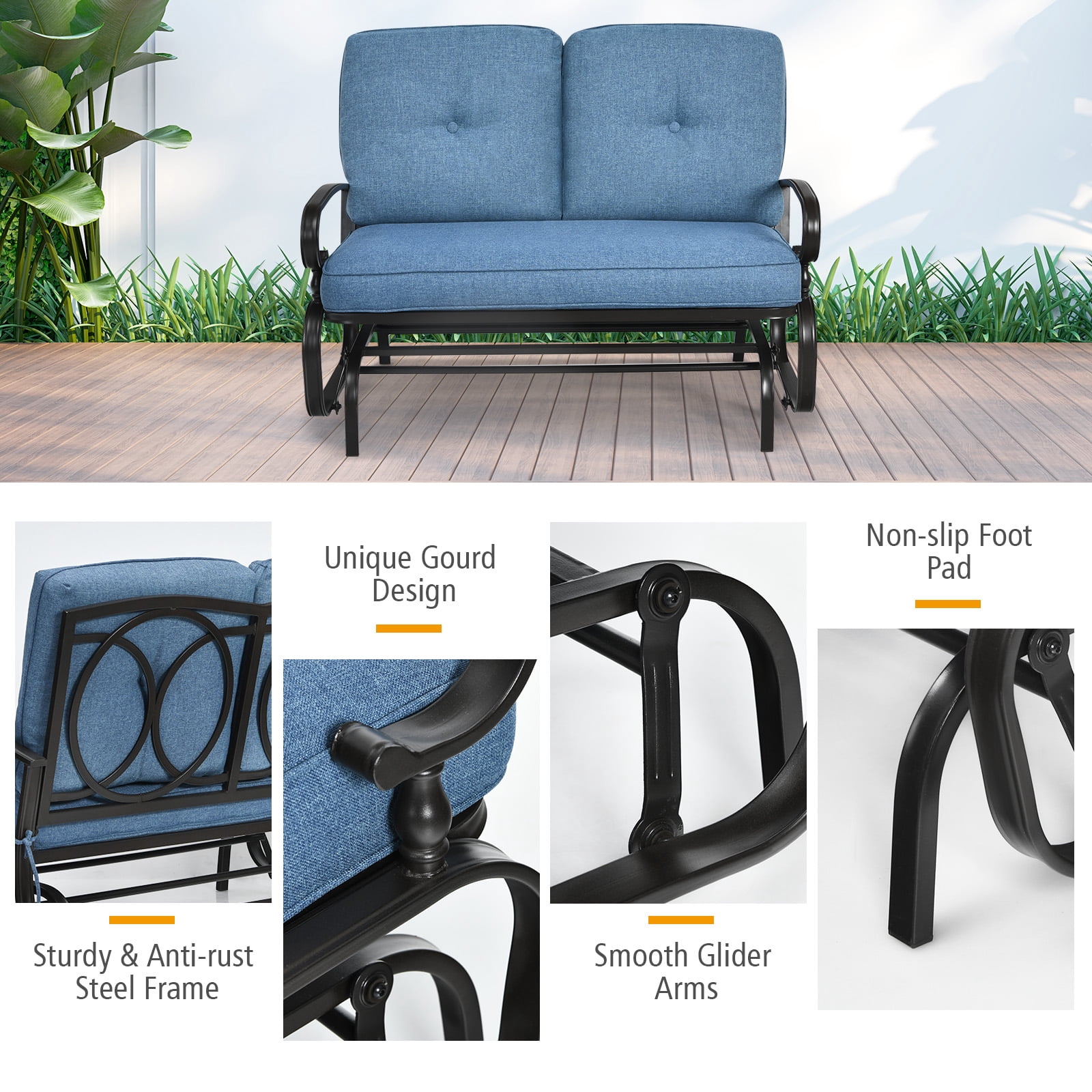 Topbuy 2-Person Outdoor Bench Patio Swing Glider Chair with Cushions Rocking Chair Cushioned Sofa Blue