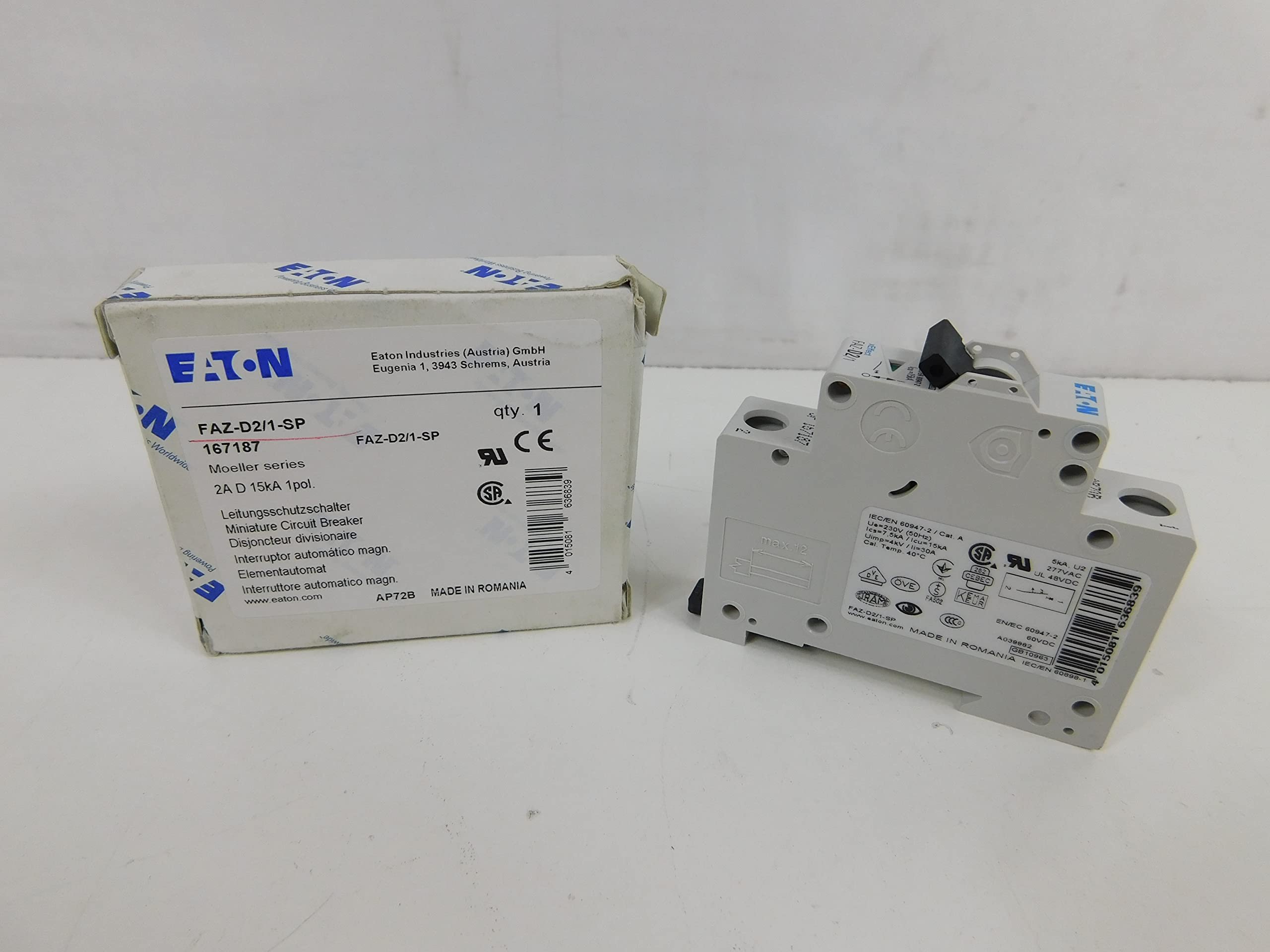 Eaton/Cutler Hammer FAZ-D2/1-SP Supplementary Protector 2 Amp 277 Volt AC 48 Volt DC 1-Pole DIN Rail Mount