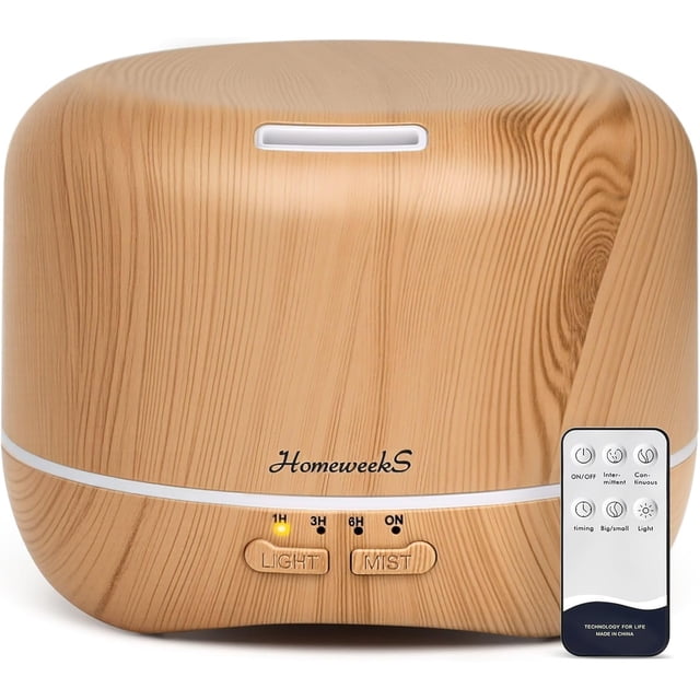 Homeweeks 300ml Essential Oil Diffuser, Quiet Aromatherapy Mist Diffusers for Essential Oils, Wood Grain, Ultrasonic, Remote Control, Timer, 7 Colors Light for Bedroom (300ml Yellow Wood Grain)