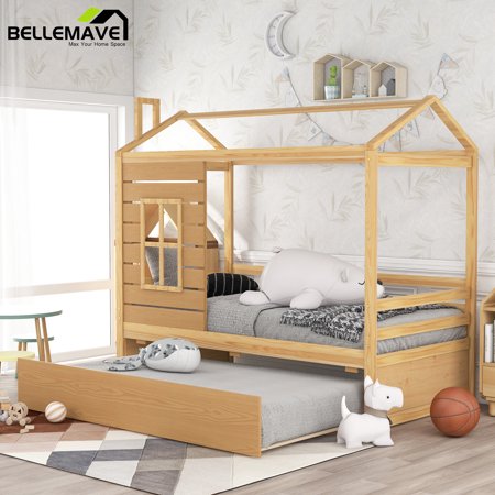 Bellemave Natural Wood Twin Size House-Shaped Kids Platform Bed Daybed with Trundle Bed for Bedroom Living Room, Wood Frame House Platform Bed Twin Size for Kids Child