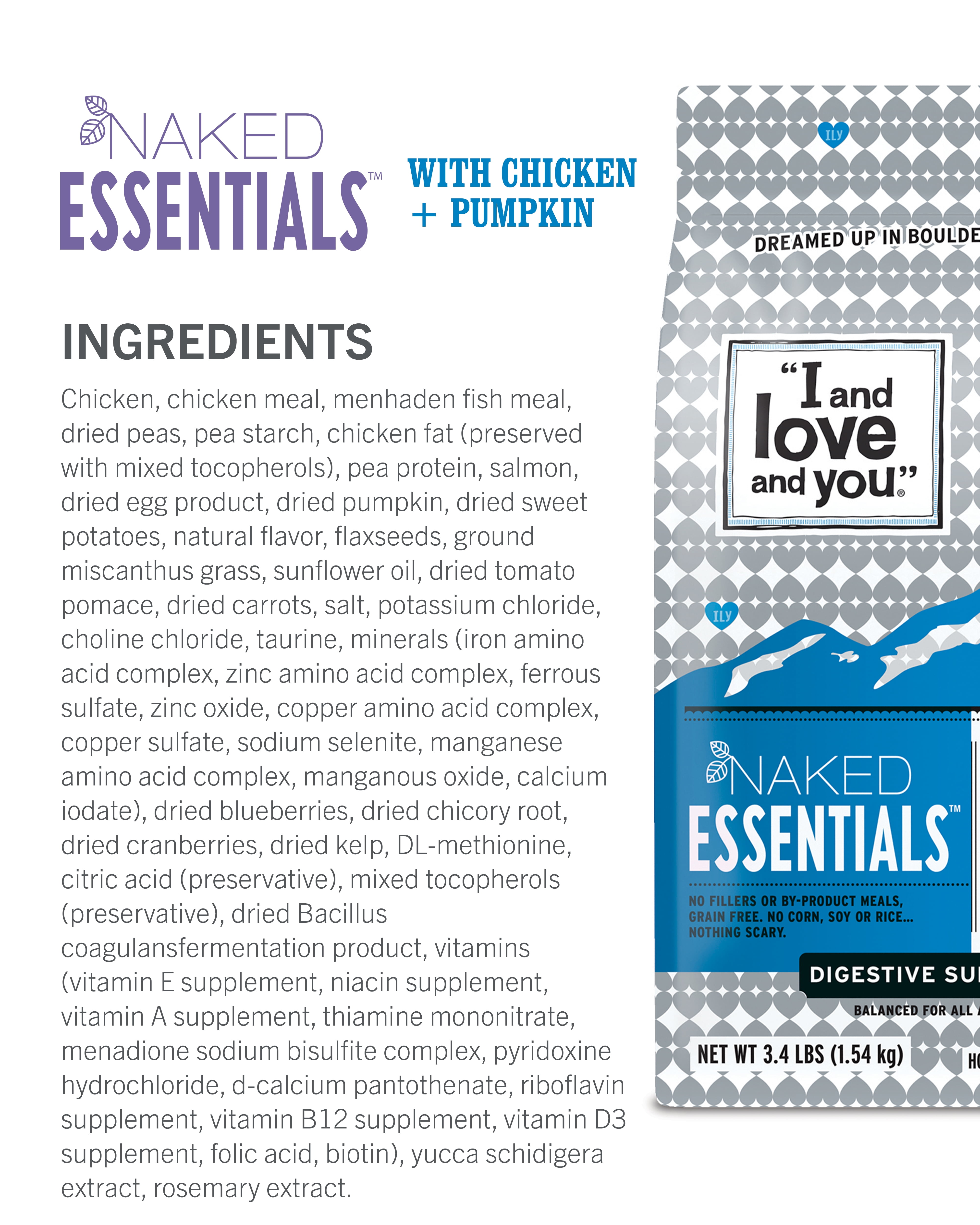 (2 pack) "I and love and you" Naked Essentials Dry Cat Food, Digestive Support Chicken and Pumpkin Recipe, Grain Free, Real Meat, No Fillers, 3.4 lb Bag