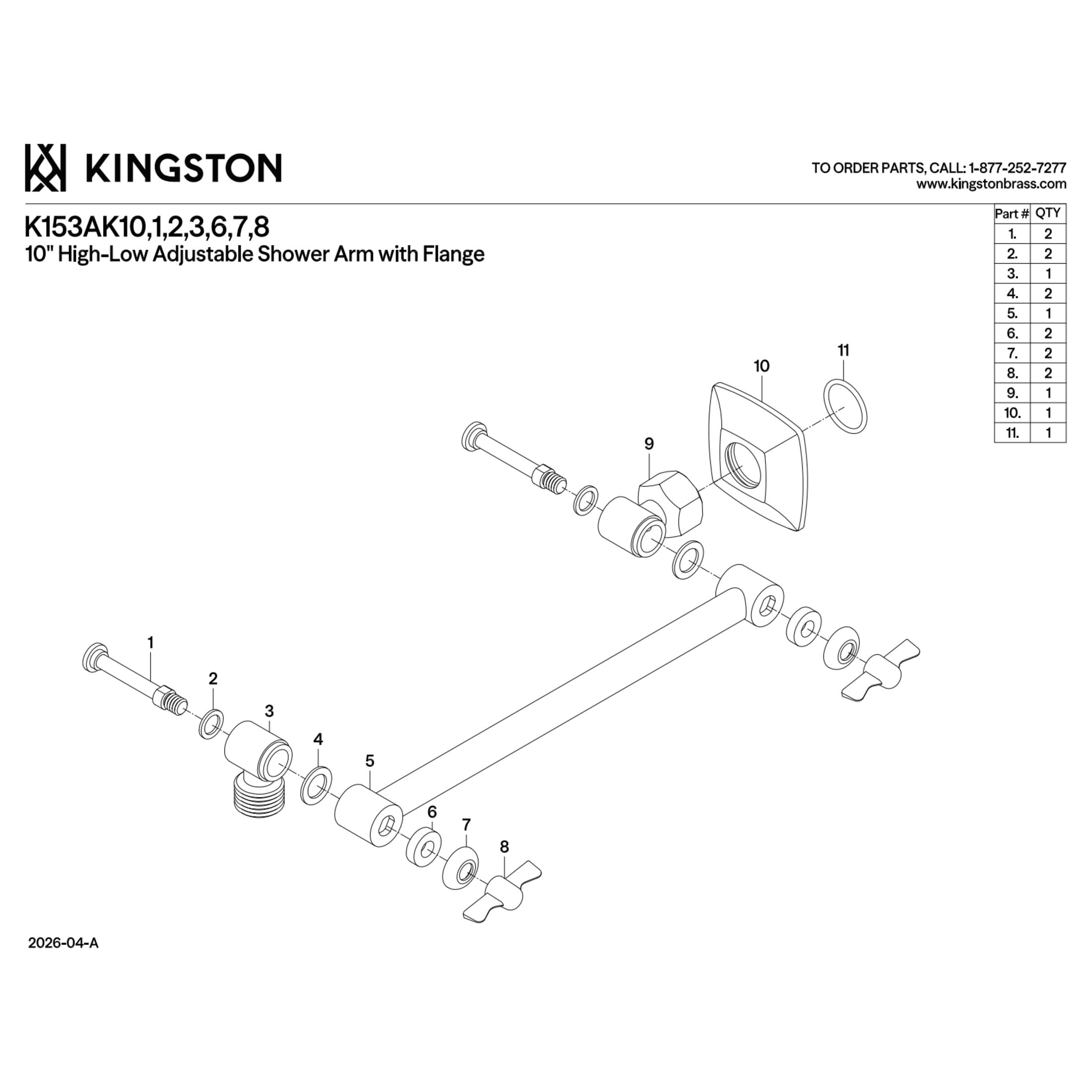 Kingston K153AK10 Gehry 10" Adjustable High-Low Shower Arm with Square Flange, Matte Black