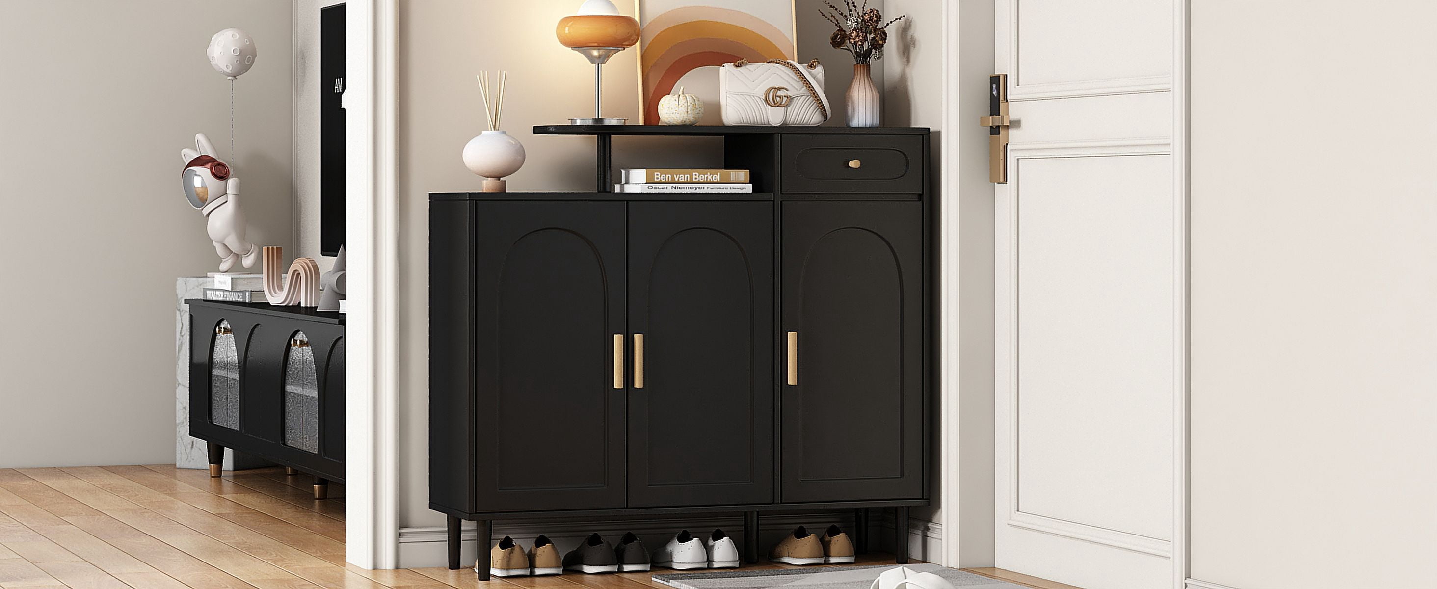 MAYEERTY Elegant Shoe Cabinet with Arched Doors and Drawer, Cream Style Storage Sideboard with Adjustable Shelves and Solid Wood Legs for Entryway, Living Room, Black