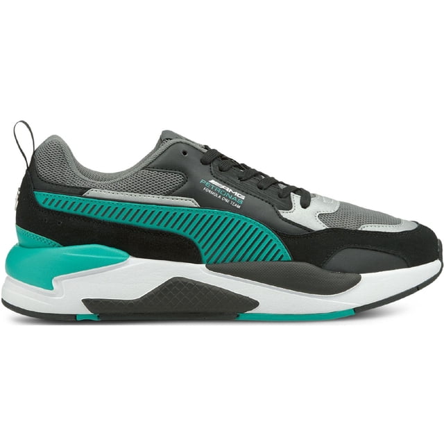 tenis puma mapm f1 x-ray 2 para hombre 306755-04 negro 26.5 vista lateral derecha de zapatilla deportiva negra con acentos turquesa y gris; parte superior en gamuza y malla, cordones y lengüeta acolchada, franja lateral PUMA texturizada y suela IMEVA blanca con surcos flexibles para tracción. Su tamaño 26.5 indicado en el título.