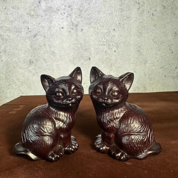 Ebony wood carved cat figurine, new Chinese style solid wood animal cute kitten home living room desktop decoration craft.