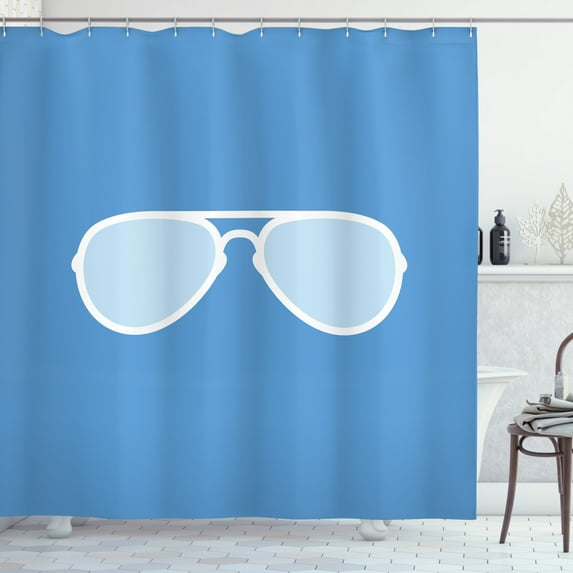 Vintage Blue Shower Curtain, Aviator Style Sunglass with White Frame Isolated Pictogram Icon Design, Fabric Bathroom Set with Hooks, 69W X 84L Inches Extra Long, Blue and White, by Ambesonne