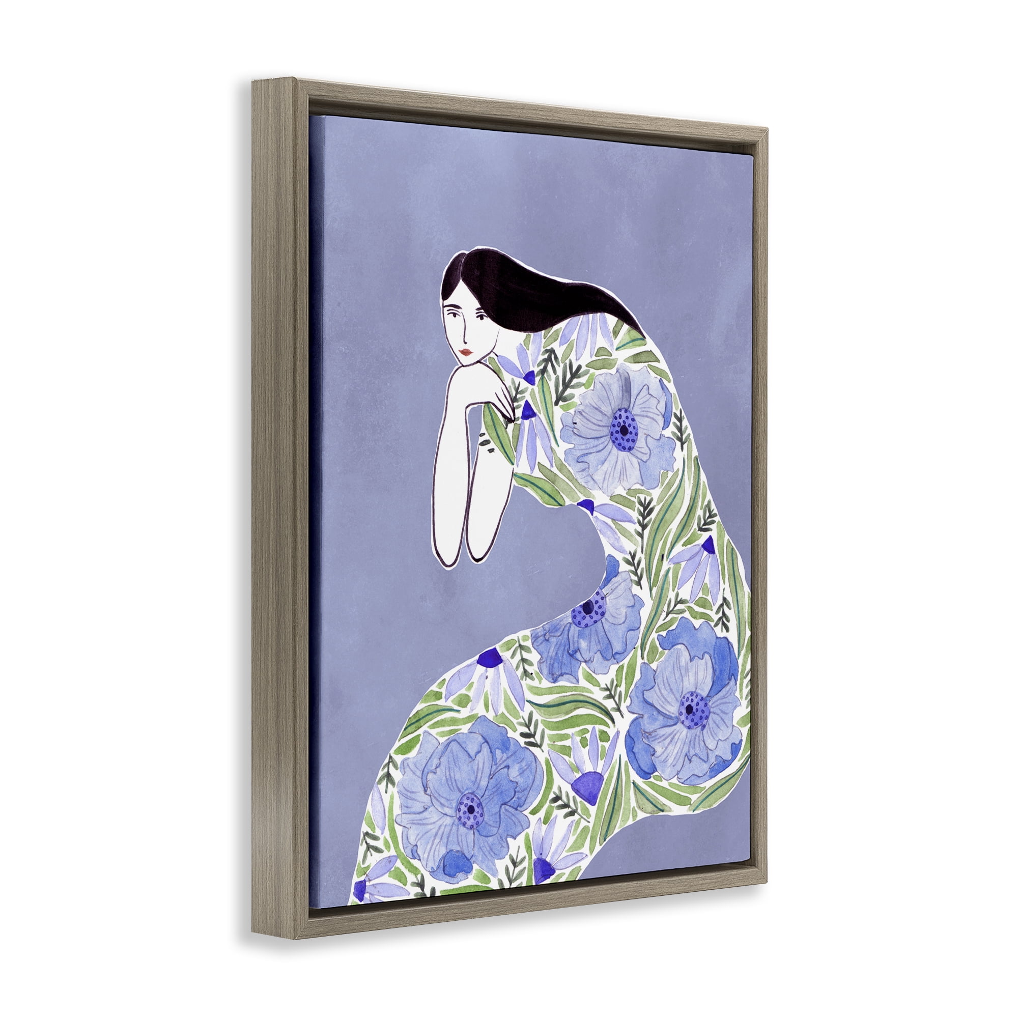 Stupell Industries Blue Floral Dress People Painting Brown Floater Framed Canvas Art Print Wall Art, 17 x 21