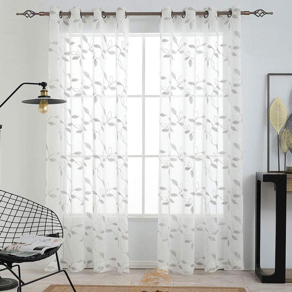 2 Panels Sheer Window Curtains Leaves Embroidered Window Curtains Faux Linen Textured Solid Grommet Voile Drapes For Living Room Grey Flower On White 52 54 2 Walmart Com Walmart Com