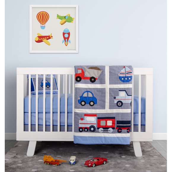 BabyFad Transport Ensemble de Literie de Bassinette pour Bébé Garçon 9 Pcs avec Mobile Musical – Voitures, Camions, Trains et Avions, 100 % Coton, Déco de Chambre de Bébé Bleu Doux