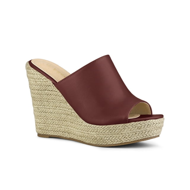BLISSFUL STEP Chaussures pour Femmes Talon Compensé Bout Ouvert Espadrilles Mules à Plateforme Bourgogne 10