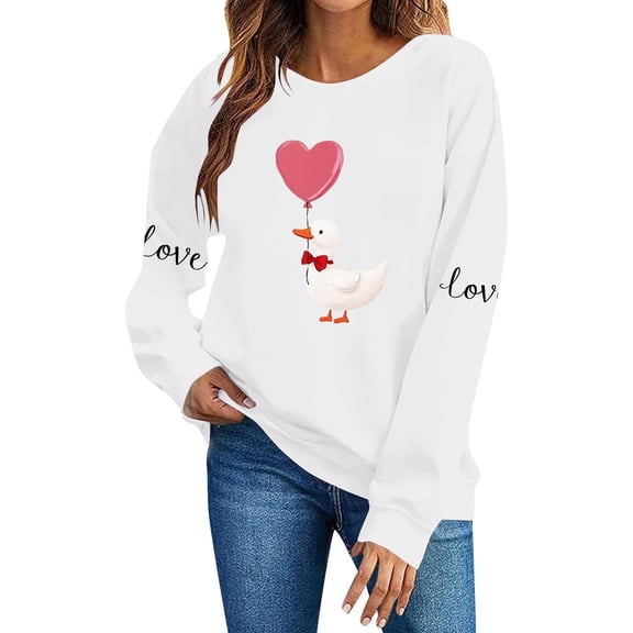 FAWUUDO Womens Valentines Day Sweatshirt Heart Print Crewneck Long Sleeve Pullover Casual Comfortable Romantic Gift for Her White XL