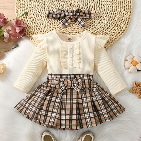 

Hunpta Infant Girls Long Sleeve Ruffles Ribbed Romper Bodysuits Plaid Prints Skirt Headbands Outfits