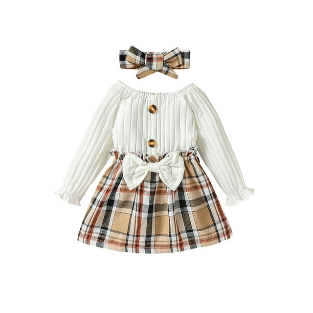 xiaxaixu Robe Trapèze d'Automne pour Bébé Fille avec Bandeau à Nœud, Robe à Manches Longues à Col Rond à Imprimé à Carreaux Patchwork