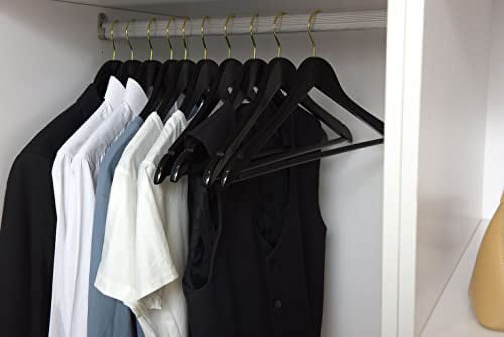 Quality Black Wooden Hangers - Slightly Curved Hanger Set of 30-Pack - Solid Wood Coat Hangers with Stylish Chrome Hooks - Heavy-Duty Clothes, Jacket, Shirt, Pants, Suit Hangers (Black-Gold Hook, 30)