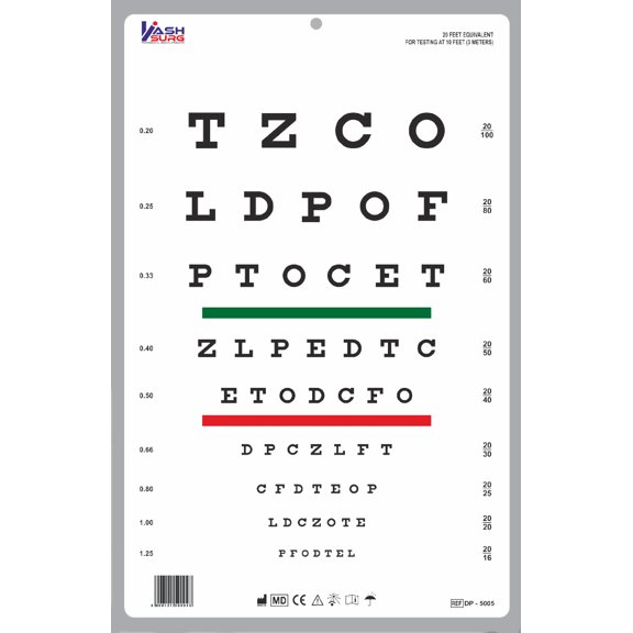 Snellen Chart with Red and Green Bar Visual Acuity Test 3m / 10 Feet