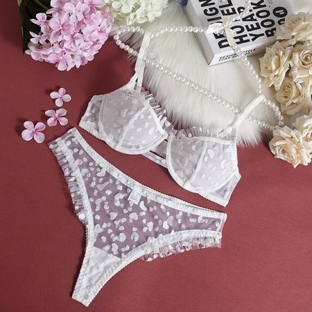 Generic Heart-Shaped Flocking Tree Fungus-like Lacework See-through Sexy Seduction Three-Point Sexy Lingerie Suit
