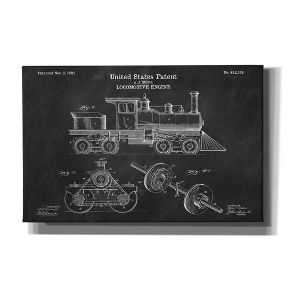 Epic Graffiti "Locomotive Engine Blueprint Patent Chalkboard" Giclee Canvas Wall Art, 26"x40"