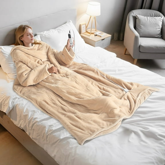 LYYHTY Heated Wearable Blanket with Sleeves & Foot Pocket, Electric Flannel Sherpa Blanket for Adults, 10 Heat Levels & 1-12H Timer, Machine Washable Heated Robe Throw for Home & Office – Beige
