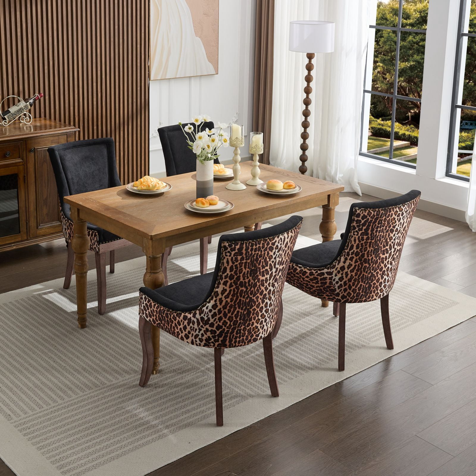 Gewnee Set of 2 Dining Chairs,Fabric Upholstered High Back Dining Chairs with Solid Wood Legs for Dining Room & Kitchen, Black Leopard Print