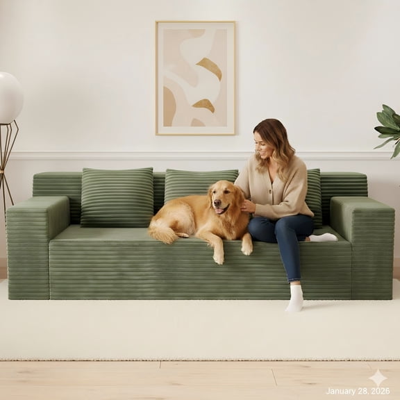 Aukfa 71" 3-Seater Modular Sofa, Corduroy Deep Seat Couch, No Assembly Comfy Sofa for Living Room, Bedroom, Apartment, Green