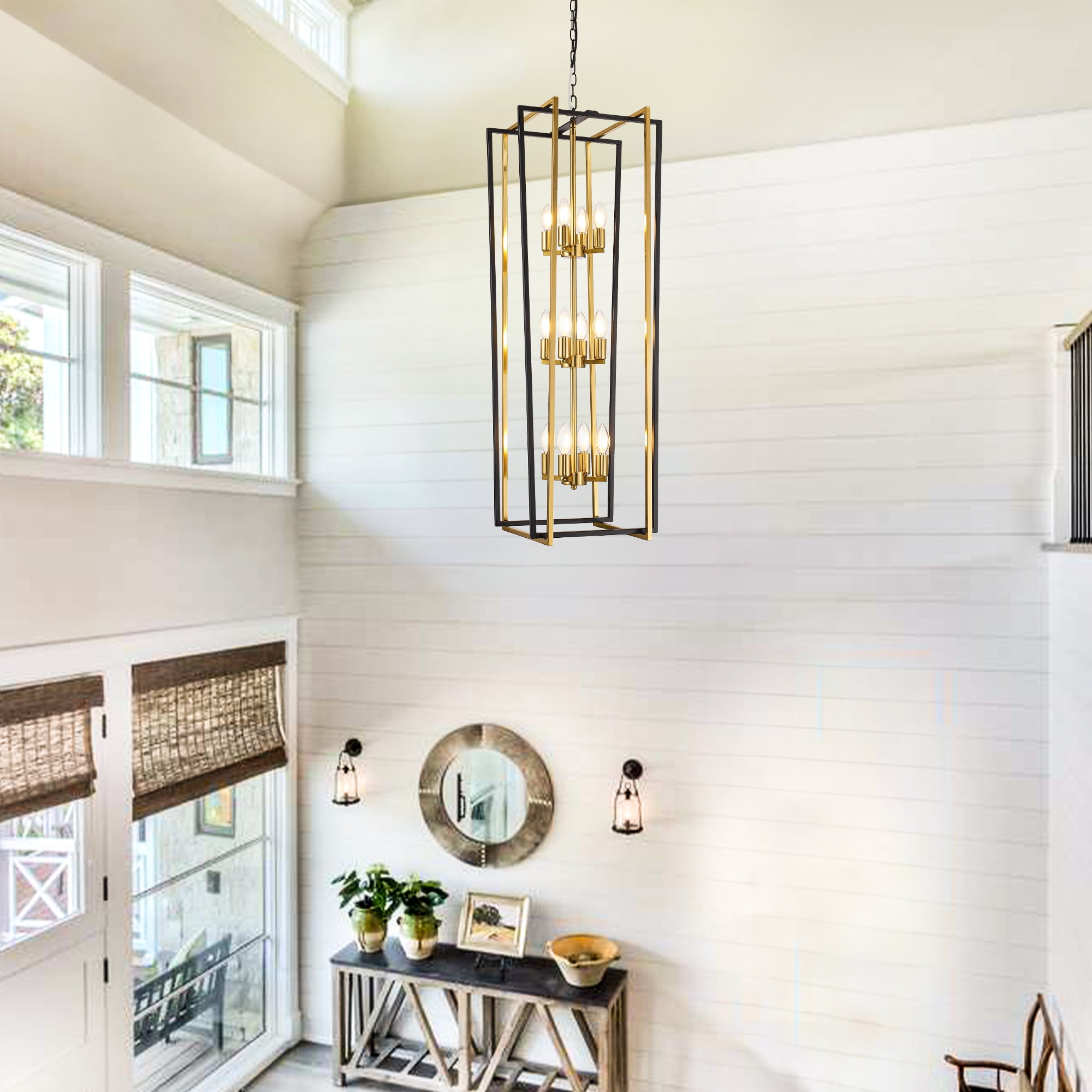 LovingAHome 12-Light  Farmhouse Lantern Pendant Light Long Chandeliers for High Ceilings Foyer Pendant, Black & Gold