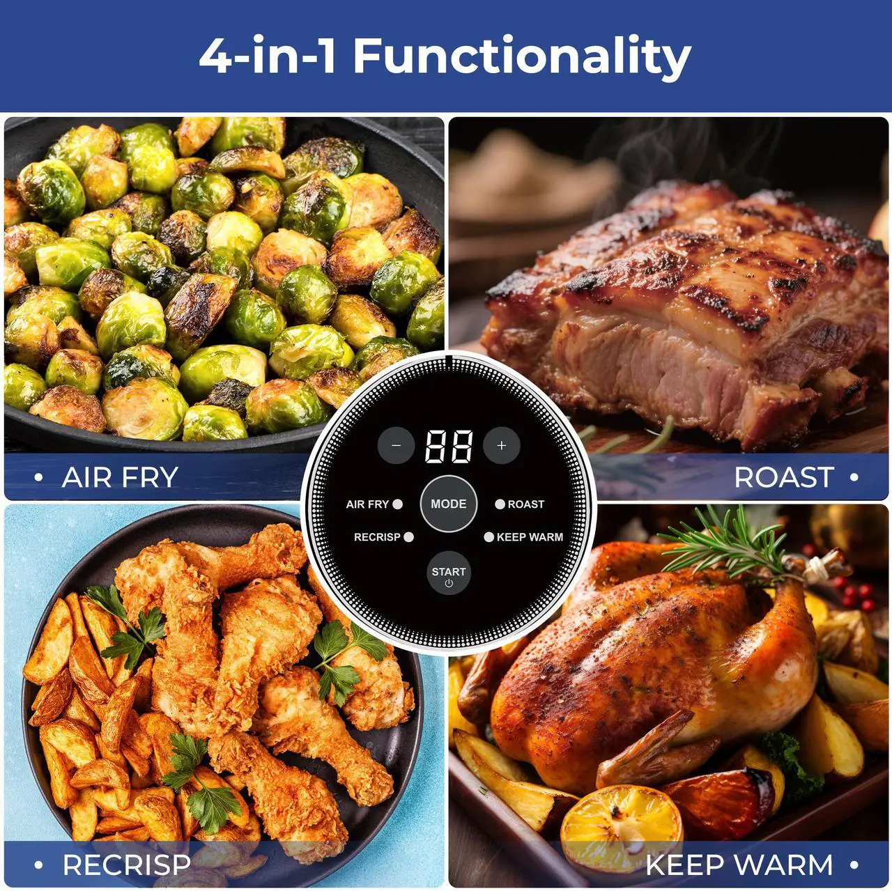 Rosewill 4-in-1 Portable Glass Air Fryer, 4.7QT Transparent Glass Cooking Pot with Storage Lid & Tongs, Compact Smart for Deep Roast, Recrisp, Keep Warm – Dark Grey