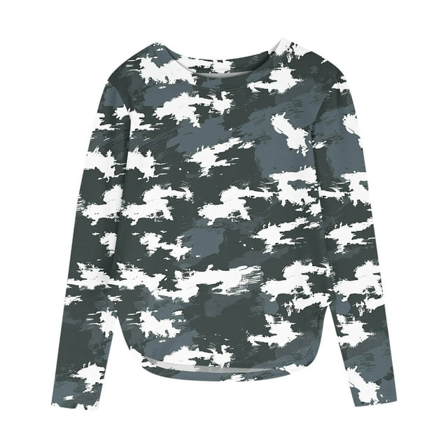 T-shirts Tuniques Amincissantes Gris Foncé Garçon Fille à Motif pour Enfants Garçon Fille Automne Été Manches Longues Col Ras du Cou Sortie Camouflage Fente Camouflage Hauts Chemises Enfant 2025 Vêtements Mode 11 Ans
