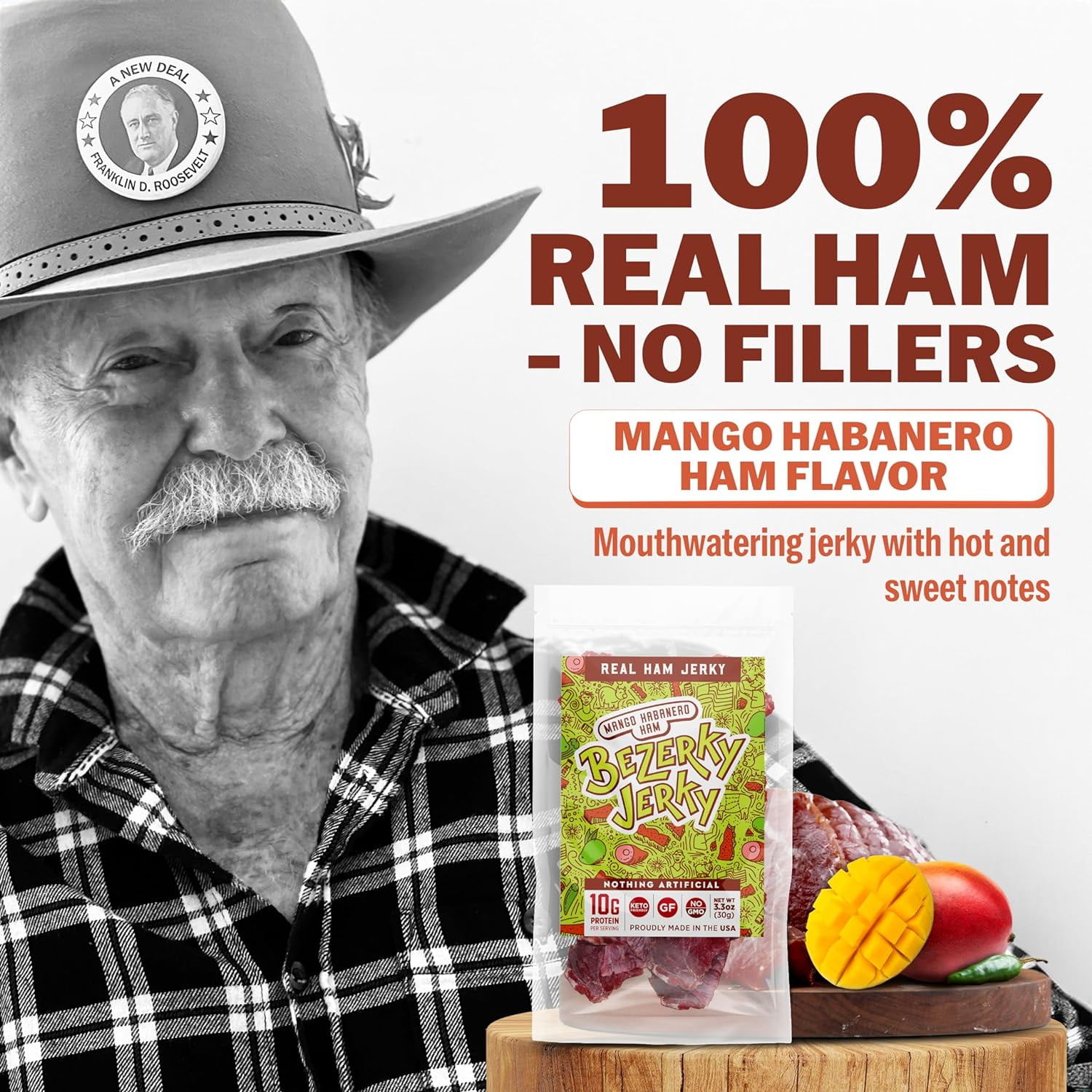 Bezerky Jerky All-Natural Premium Ham Jerky, Keto-Friendly, Made in the USA, Gluten-Free, Non-GMO, Low Carbs, High Protein Snacks, Old Fashioned Recipe, 3.3 Oz (Pack of 3)