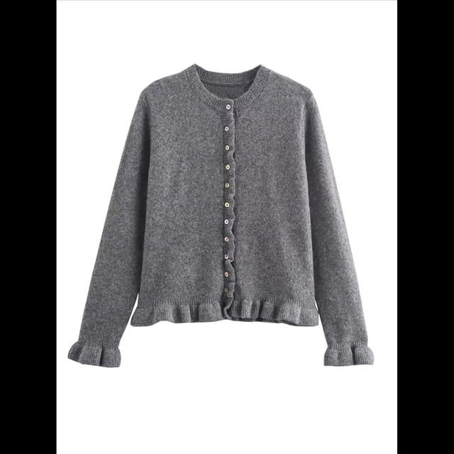 Suéter Tipo Cárdigan Corto para Mujer, Moderno, con Cuello Redondo, Volantes, Larga, Botones, Prendas de Punto. Gris S