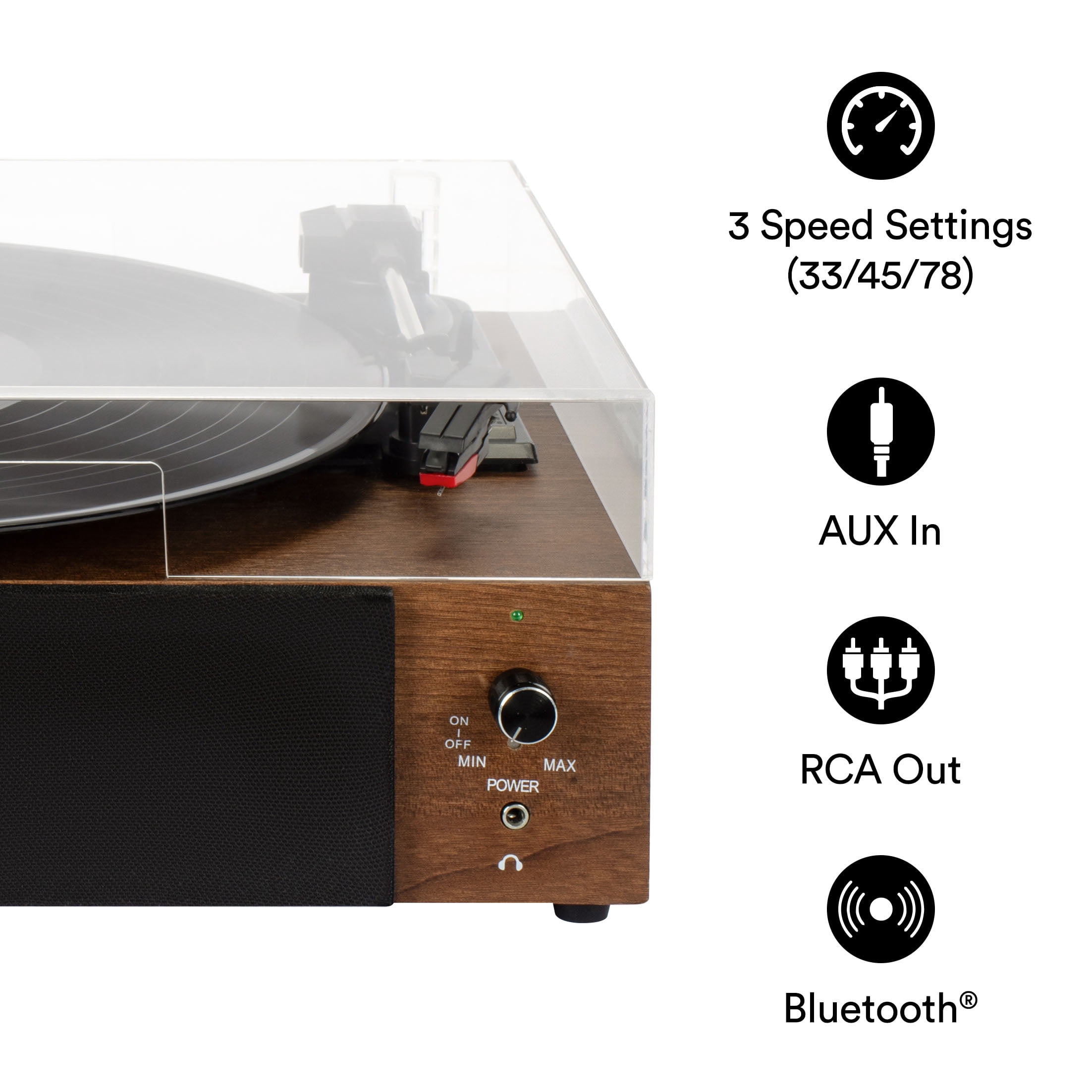 Core Innovations Wireless Bluetooth Turntable, 3-Speed Vinyl Record Player with Built-In Speakers, Wood Finish & Clear Dust Cover